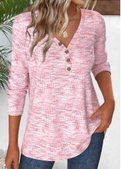 Button Light Pink Long Sleeve V Neck T Shirt