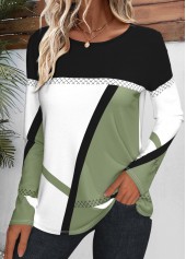 Geometric Print Patchwork Avocado Green Long Sleeve T Shirt