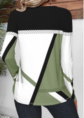 Geometric Print Patchwork Avocado Green Long Sleeve T Shirt
