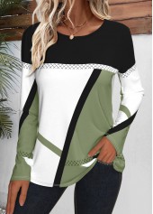 Geometric Print Patchwork Avocado Green Long Sleeve T Shirt