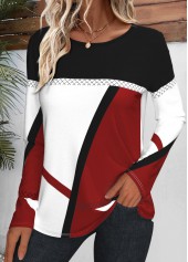 Geometric Print Patchwork Wine Red Long Sleeve T Shirt