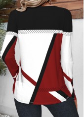 Geometric Print Patchwork Wine Red Long Sleeve T Shirt
