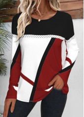 Geometric Print Patchwork Wine Red Long Sleeve T Shirt