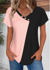 Patchwork Light Pink Short Sleeve V Neck T Shirt