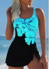 Floral Print Tie Cyan One Piece Swimdress