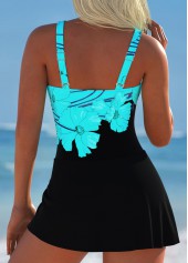Floral Print Tie Cyan One Piece Swimdress