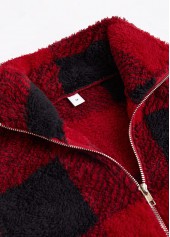 Plaid Plush Wine Red Sleeveless Stand Collar Waistcoat