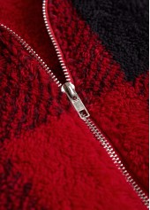 Plaid Plush Wine Red Sleeveless Stand Collar Waistcoat