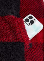 Plaid Plush Wine Red Sleeveless Stand Collar Waistcoat