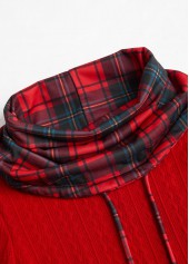 Christmas Plaid Patchwork Red Long Sleeve Cowl Neck Sweatshirt