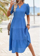 Tummy Coverage Blue Short Sleeve Split Neck Dress