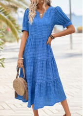 Tummy Coverage Blue Short Sleeve Split Neck Dress