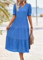 Tummy Coverage Blue Short Sleeve Split Neck Dress