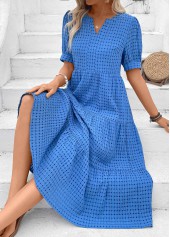 Tummy Coverage Blue Short Sleeve Split Neck Dress