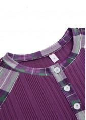 Plaid Button Purple Long Sleeve Split Neck Sweatshirt