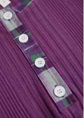 Plaid Button Purple Long Sleeve Split Neck Sweatshirt