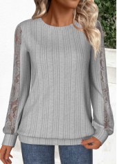Lace Grey Long Sleeve Round Neck Sweatshirt