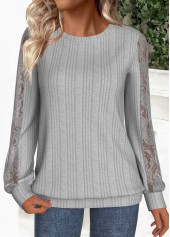 Lace Grey Long Sleeve Round Neck Sweatshirt