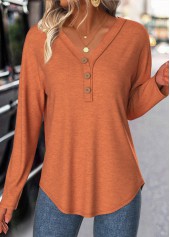 Button Terracotta Long Sleeve V Neck T Shirt