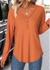 Button Terracotta Long Sleeve V Neck T Shirt
