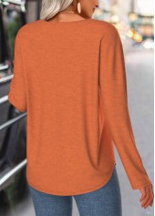 Button Terracotta Long Sleeve V Neck T Shirt