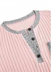 Button Light Pink Long Sleeve Split Neck Sweatshirt