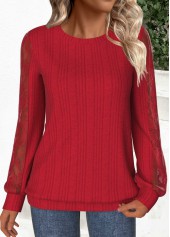 Lace Red Long Sleeve Round Neck Sweatshirt