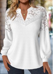 Lace Raw White Long Sleeve Split Neck Blouse