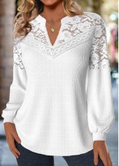 Lace Raw White Long Sleeve Split Neck Blouse