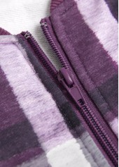 Plaid Zipper Purple Long Sleeve Stand Collar Jacket