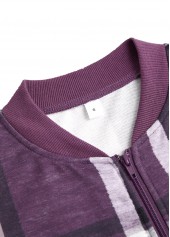 Plaid Zipper Purple Long Sleeve Stand Collar Jacket