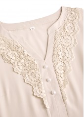 Embroidery Beige Long Sleeve Split Neck Blouse