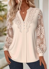 Embroidery Beige Long Sleeve Split Neck Blouse