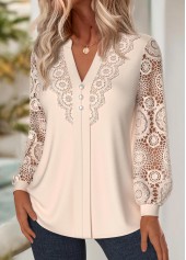 Embroidery Beige Long Sleeve Split Neck Blouse