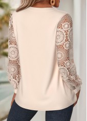 Embroidery Beige Long Sleeve Split Neck Blouse