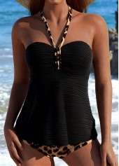 Leopard Jacquard Patchwork Black Tankini Set
