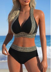 Tie Patchwork Jacquard Black Bikini Set