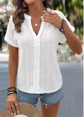 Lace White Short Sleeve Split Neck Blouse