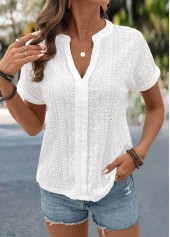 Lace White Short Sleeve Split Neck Blouse