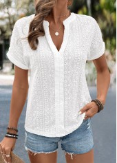 Lace White Short Sleeve Split Neck Blouse