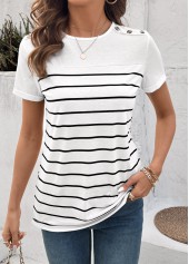 Striped Button White Short Sleeve Round Neck T Shirt