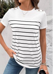 Striped Button White Short Sleeve Round Neck T Shirt