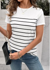 Striped Button White Short Sleeve Round Neck T Shirt