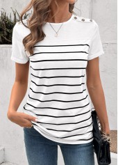 Striped Button White Short Sleeve Round Neck T Shirt
