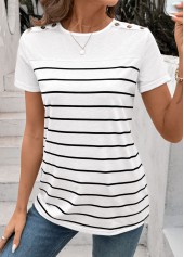 Striped Button White Short Sleeve Round Neck T Shirt