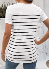 Striped Button White Short Sleeve Round Neck T Shirt