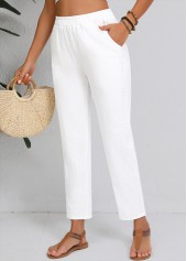 Straight Leg Elastic Waist High Waisted White Pants
