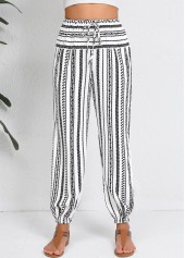Geometric Print Drawstring White Jogger Elastic Waist Pants
