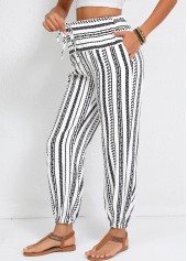 Geometric Print Drawstring White Jogger Elastic Waist Pants