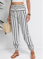 Geometric Print Drawstring White Jogger Elastic Waist Pants